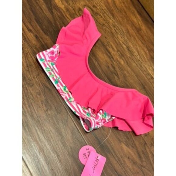 NWT Betsey Johnson 2-Piece Pink white Ruffle Bikini Set Floral Stripe Print 2T - Picture 4 of 6